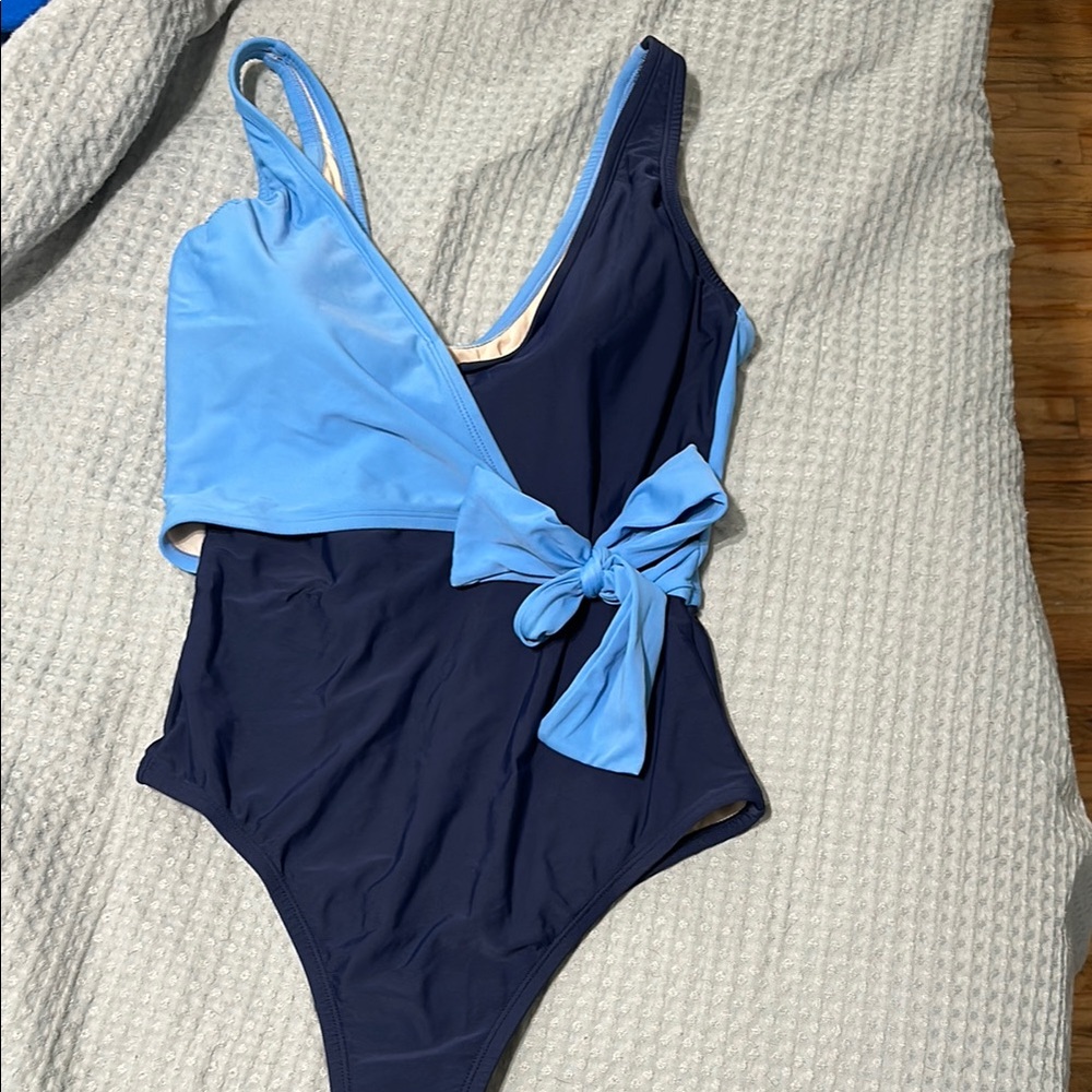 Kona Sol Blue One Piece Swimsuit with V-Neck and Asymmetrical Bow